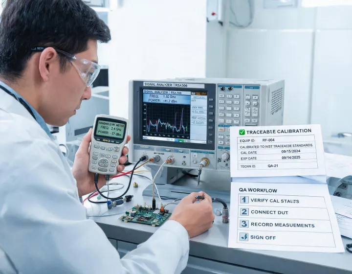 Engineer measuring on an RF lab bench