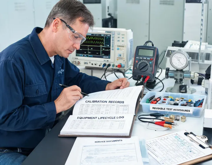 Engineer reviewing lifecycle records for calibrated instruments